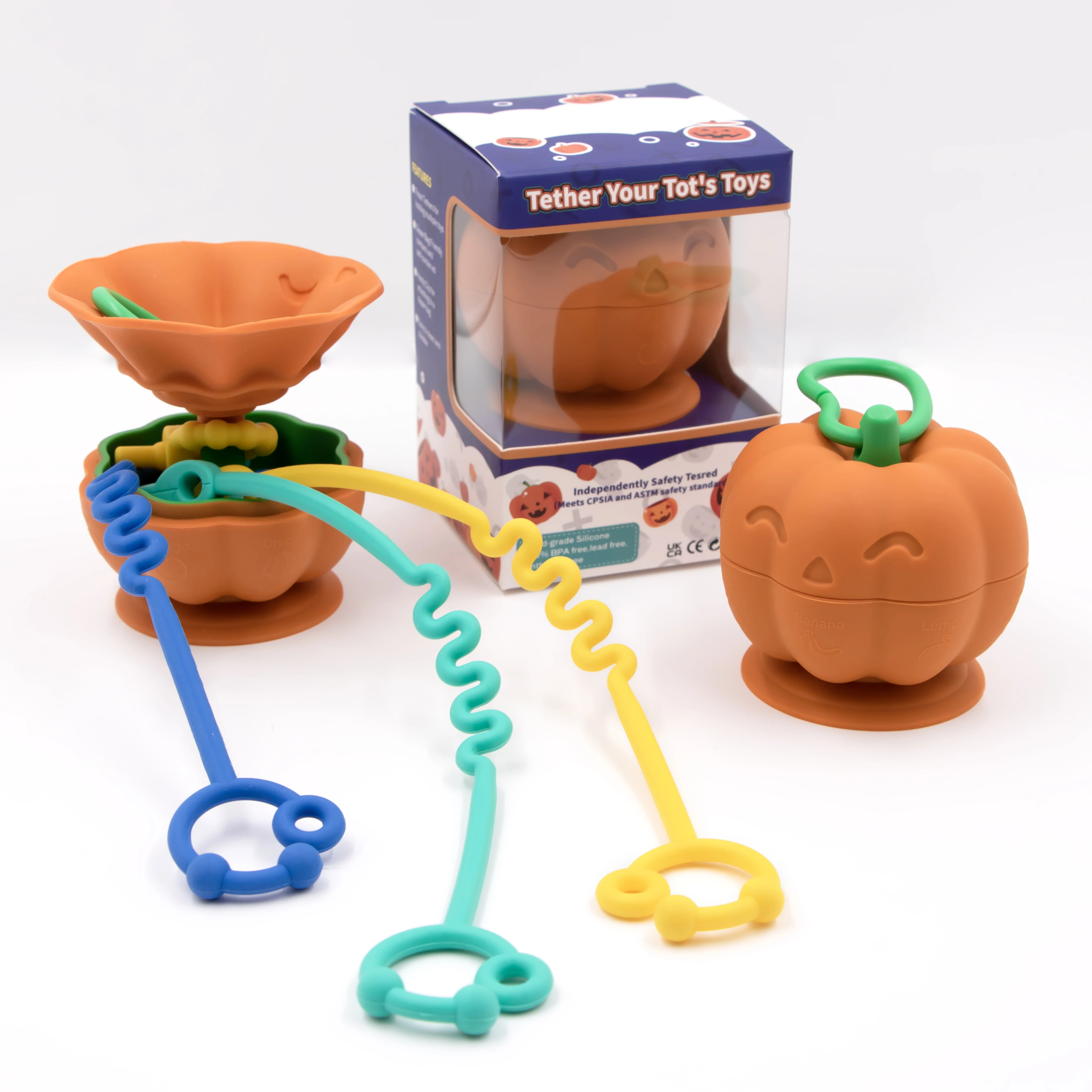 Silicone Teether Suction Cup Toy Halloween Pumpkin Shape Baby Teether Toy For Kids With Baby Strap