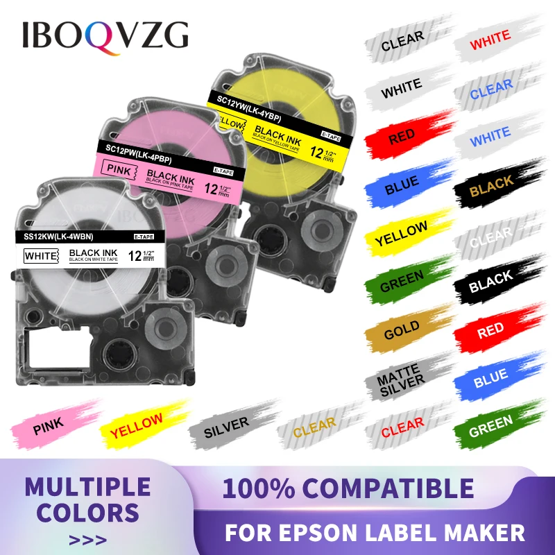 

IBOQVZG 22Colors Compatible for Epson King Jim SS12KW LC-4WBN SC12YW SC12RW SC12BW 12mm Label Cassette for Epson LW-300 LW-400