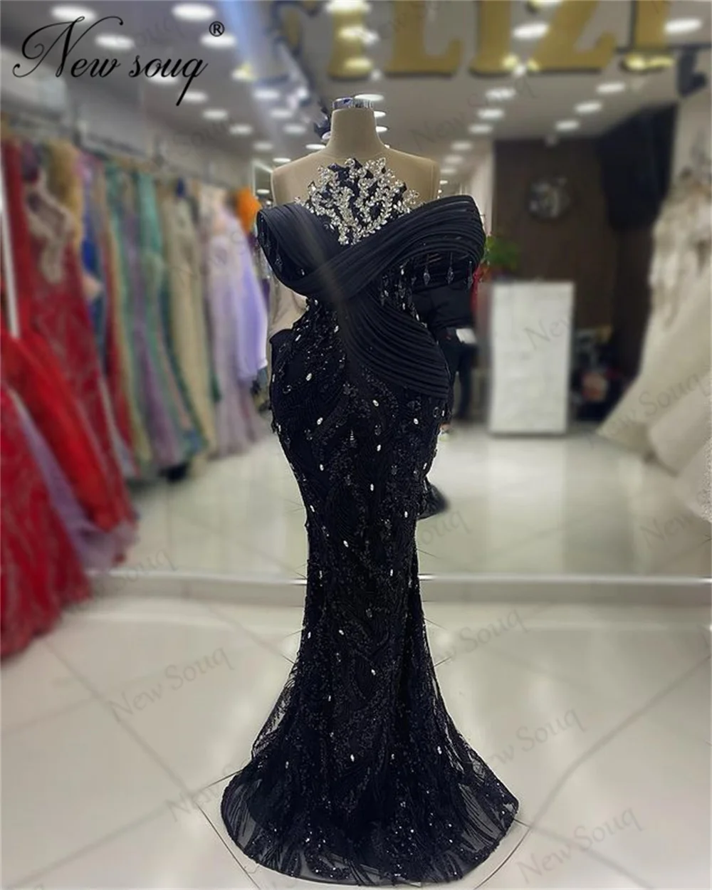

Черные вечерние платья с бисером, блестками и открытыми плечами, коктейльное платье, элегантные свадебные платья Дубай, Coutures