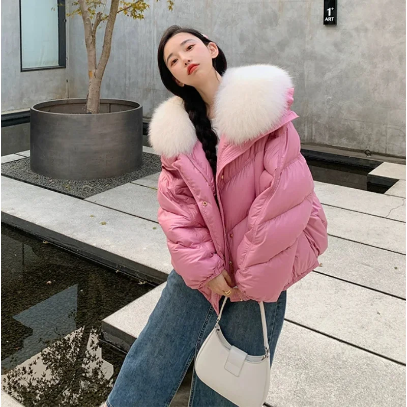 Short White Duck Down Jacket Women 2023 Fashion Fox Fur Collar Winter Coats Fresh Sweet Clothes Raglan Sleeves Thick Tops Coffee