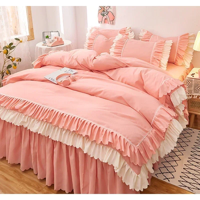 

Pink princess style duvet cover bed sheet pillowcase 2 people luxury double bed bedding four-piece set /queen/king size