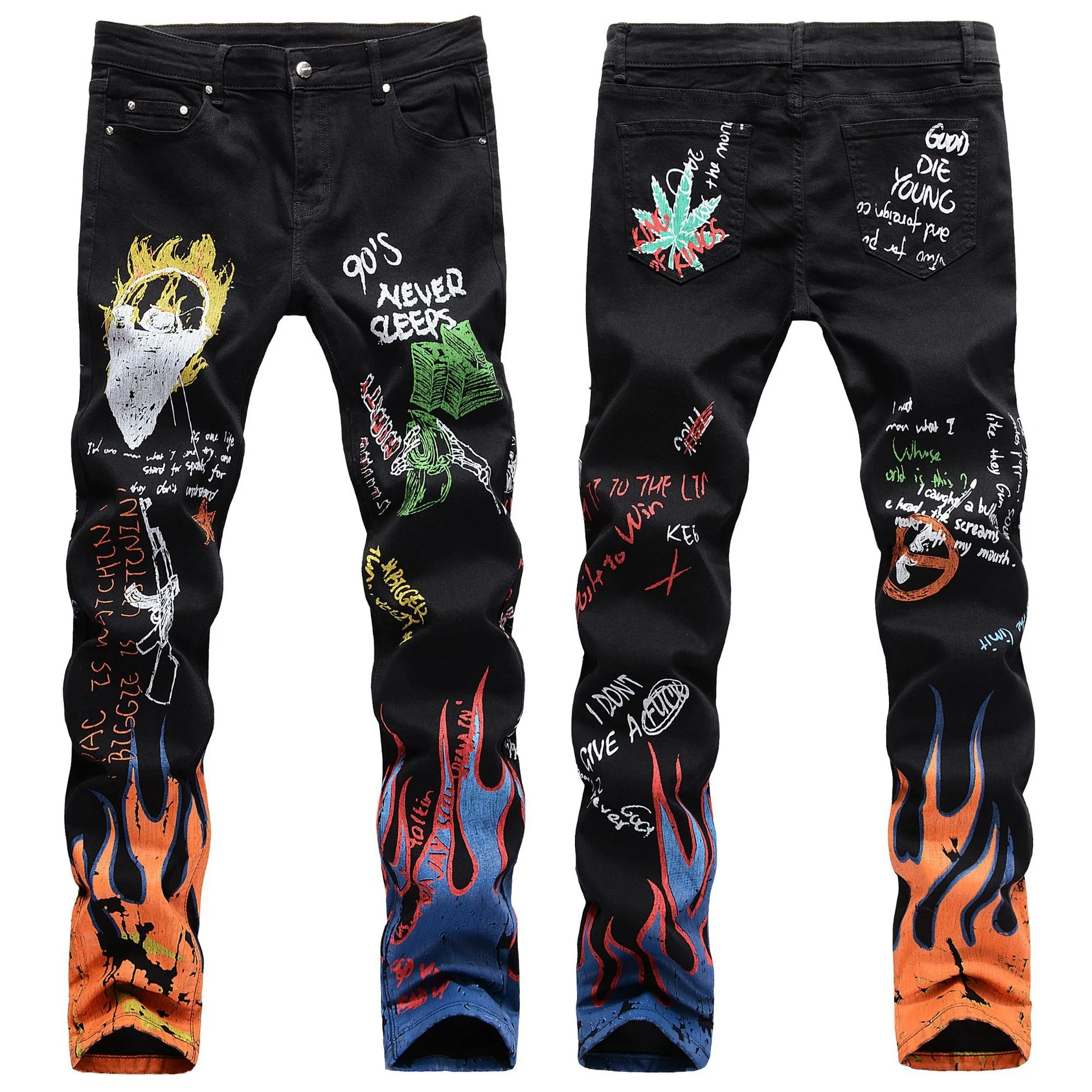High Elastic Slim Fit 3D Color Printing Black White Pants Skeleton Graffiti Street Chaopai Men's Jeans 6