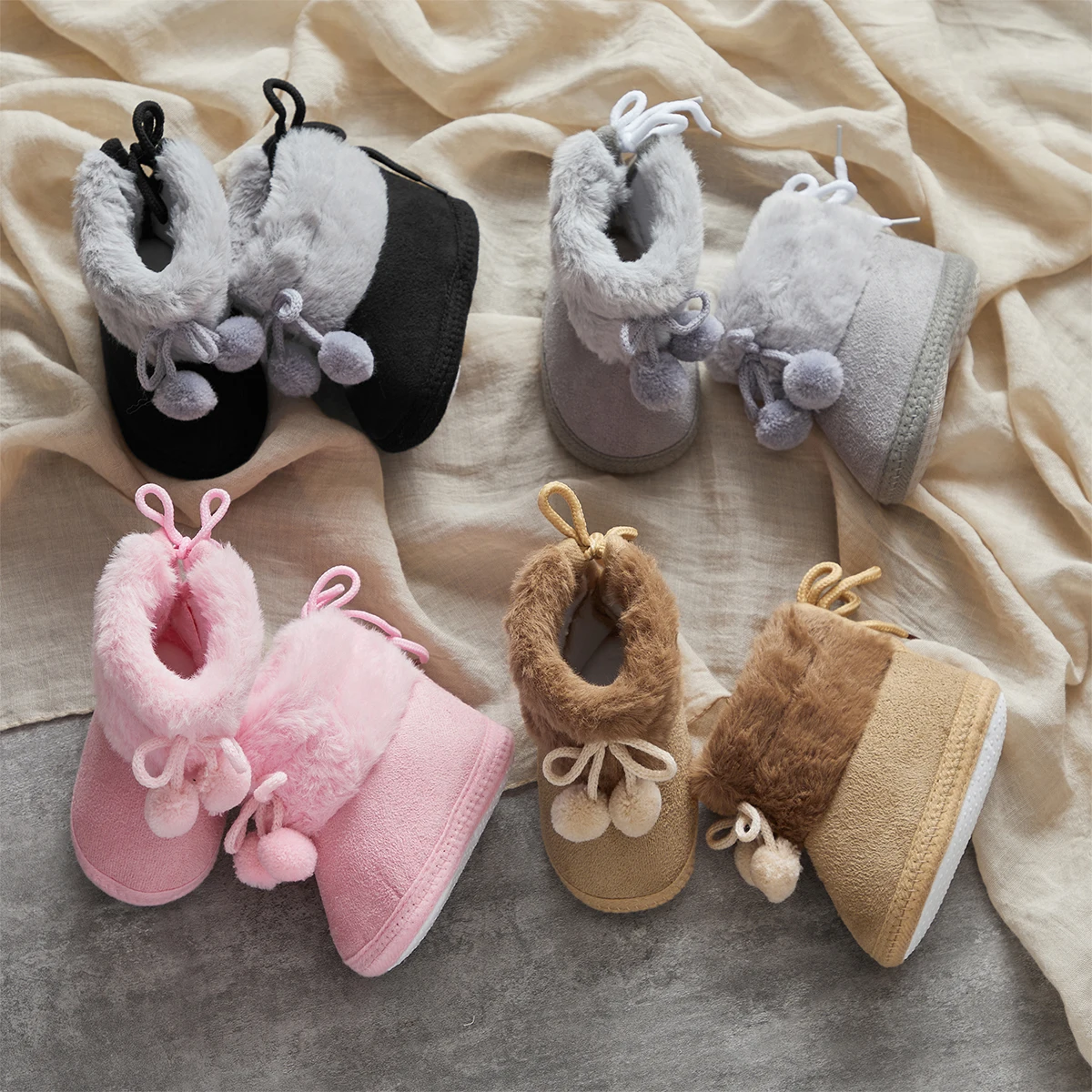Autumn Winter Warm Newborn Girls Boys Snow Boots Solid Pompom Toddler Baby Soft Sole First Walker Fluffy Cute Non Slip Shoes 1