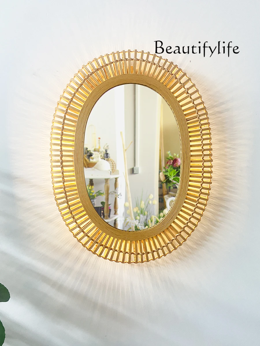 

Oval Rattan Dressing Mirror Home Entrance Wall-Mounted Cosmetic Mirror with LED Light