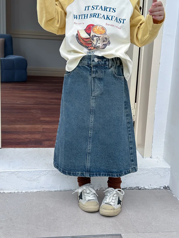 Children Denim Skirt Casual Mid-length A-line Autumn Girls Korean Style Fashion Casual Split