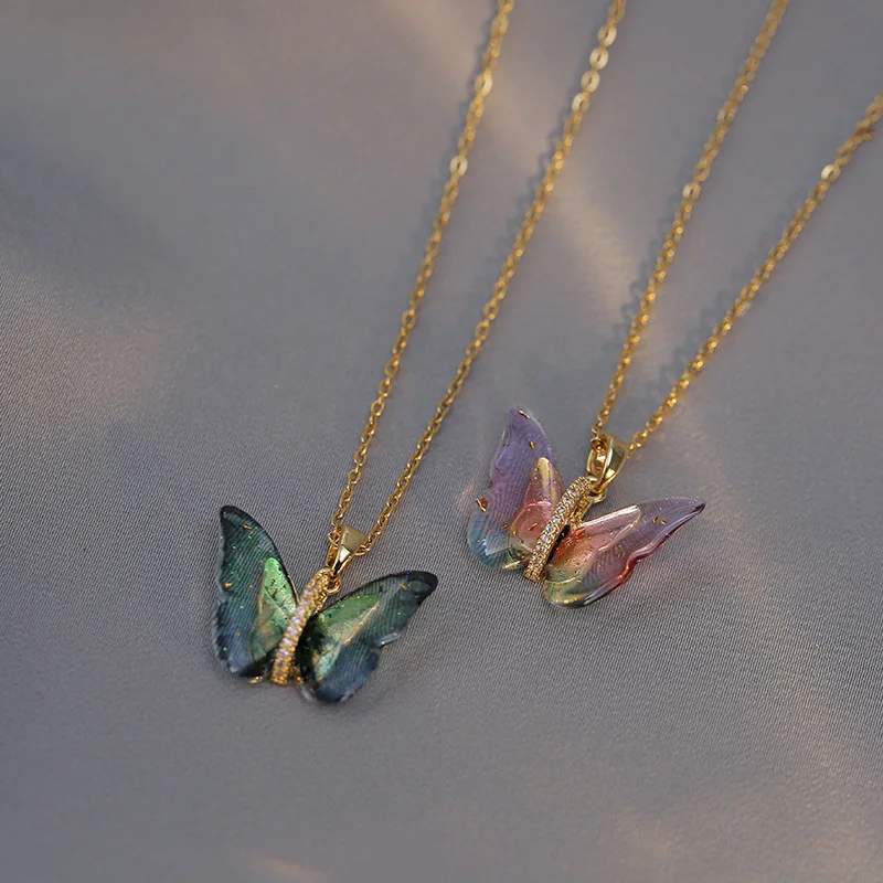 Fashion simple micro-inlaid zircon titanium steel butterfly necklace for women, pendant