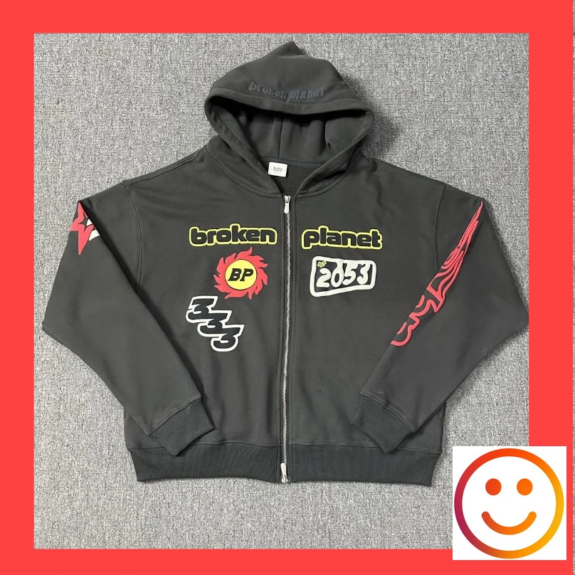 Cardigan Zipper Broken Planet Hooded Hoodie Loose Fit Set Men Women Streetwear Sweatshirts Puff Flame Print Pattern Pullovers