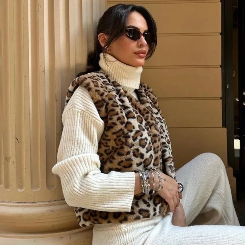 Leopard Printed V-Neck Vestidos Coat Female Contrast Printed Streetwear Cropped Top Loose Autumn Commute Outwear Cardigan