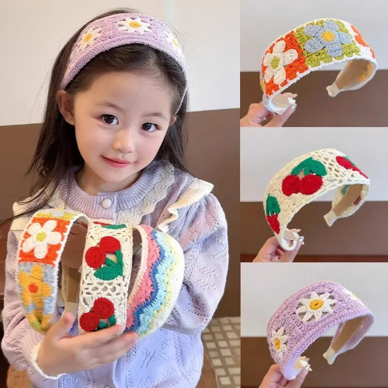 Sweet Flower Embroidery Kids Hair Hoops Colorful Knit Woolen Autumn Winter Wide Hairband for Girl Headwear hair bands hair accessories hair headband accessories