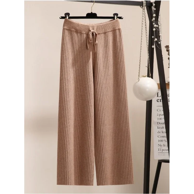Elastic Waist Thickening Wide Leg Women's Cropped New Wool Straight Long Pants Draping Effect Loose Knitted Trousers