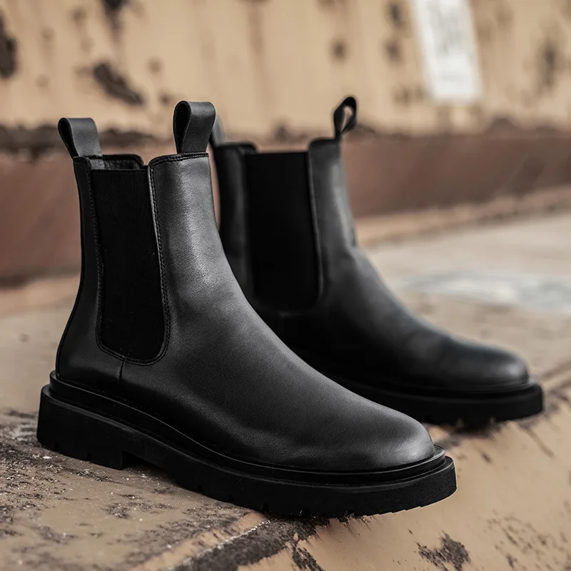 

Мужские повседневные Ботинки Челси в британском стиле, черные трендовые ботинки на платформе, высокие ботинки из натуральной кожи, ковбойские короткие мужские ботинки