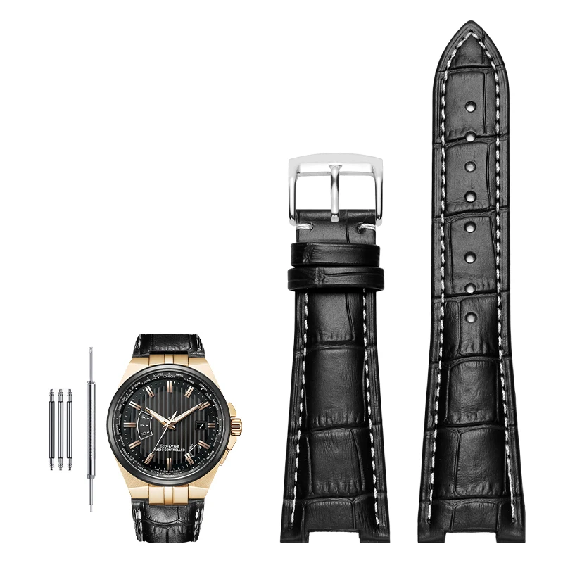 Genuine Leather Notched Watchband for Men's Watches, 24x13mm