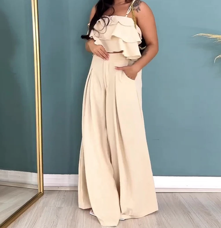 Women's Pants Set 2024 Solid Color Sleeveless Ruffle Edge Flounder Tank Top High Waist Wide Leg Pants Casual Matching Set