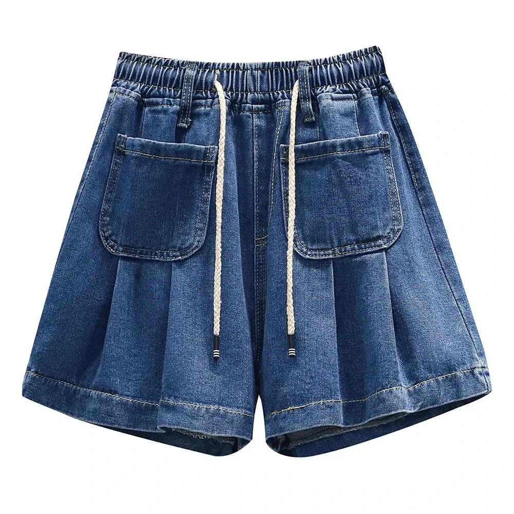 Loose High Waist Casual Elastic Denim Shorts Preppy Style Lace-Up Large Size Wide Leg Jeans Short Pants Pantalones Cortos Summer