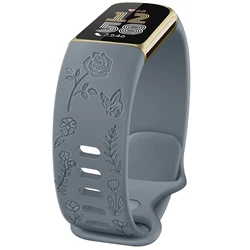 Elegant Flower Engraved Soft TPU Watch Strap - Replacement Bracelet Band - Charge 5 (Blue - gray)