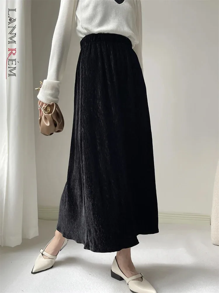 

[LANMREM] Elastic High Waist Velvet Skirts Women A-line Mid-length Office Lady Elegant Female Clothing 2023 Winter New 26D6890