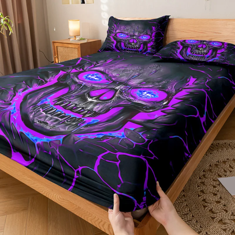 Purple Light Skull Pattern Fitted Sheet Set Soft And Comfortable Bedding Cover Set For Bedroom Guest Room And Dorm Decor 2