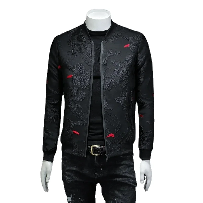 

2022 Spring Autumn Men Casual Jacket Coat Flower Slim Fit Pattern Bomber Jacket Men 4XL Puff Jacquard Black Bomber Jacket Men
