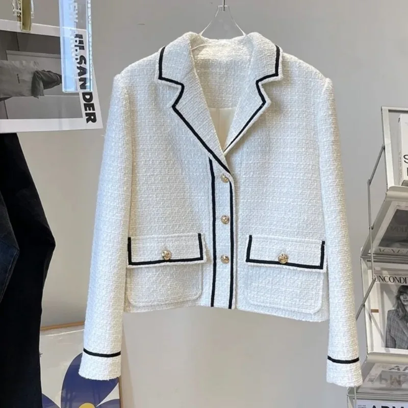 Tweed Blazer Spring Autumn Lattice Wool Jacket Women Coat Korean Chic Office Lady Short Jacket Nylon Knit Button Outerwear New