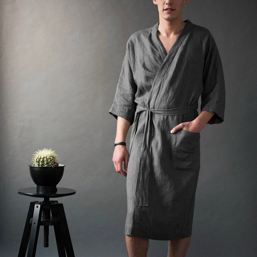 Herren Robe Lange Feste Farbe Leinen Nachthemd Bademantel Männer Kimono  Frühling Sommer Lace up Lange Robe| | - AliExpress