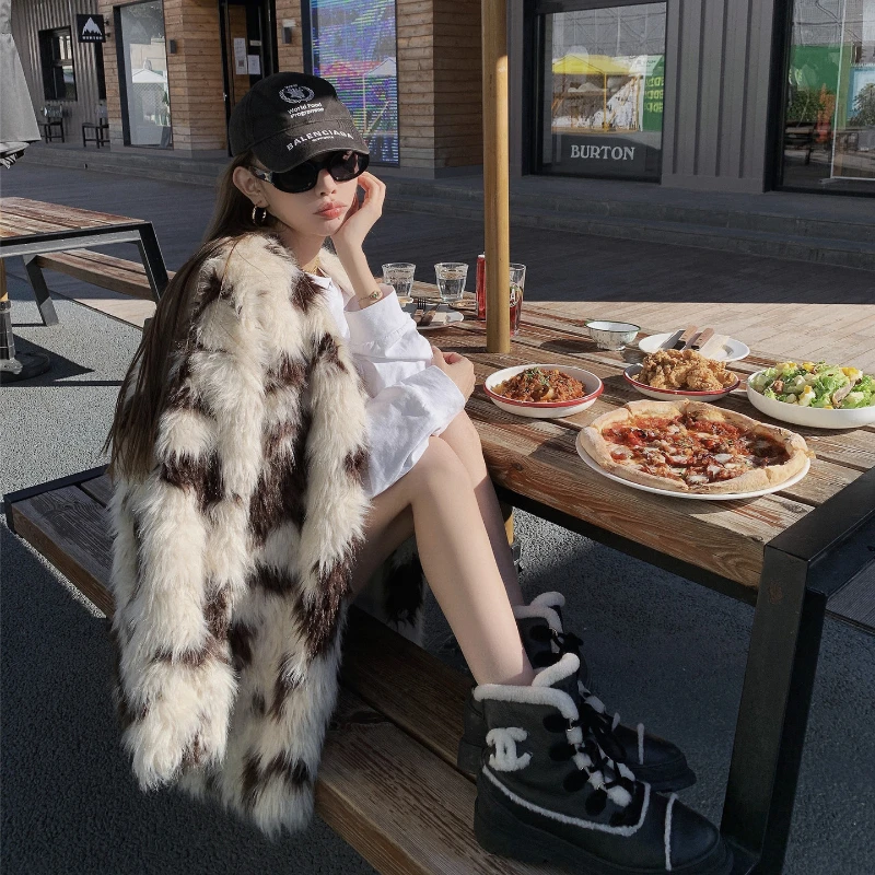 Printed Faux Fur Jacket Long Sleeve Coat Thick Long Women‘s Clothing Thick Warm Casual Knitted Outerwear Autumn Winter Cardigan