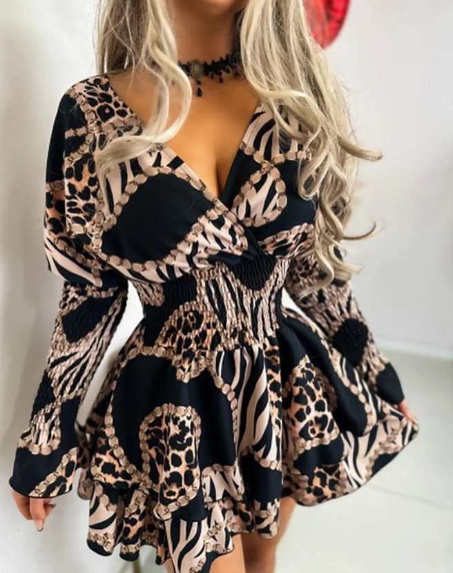Women Fashion Eyelet Embroidery Shirred Ruffles Casual Dress 2024 Spring V-Neck Long Sleeve Daily Mini Layered Dress