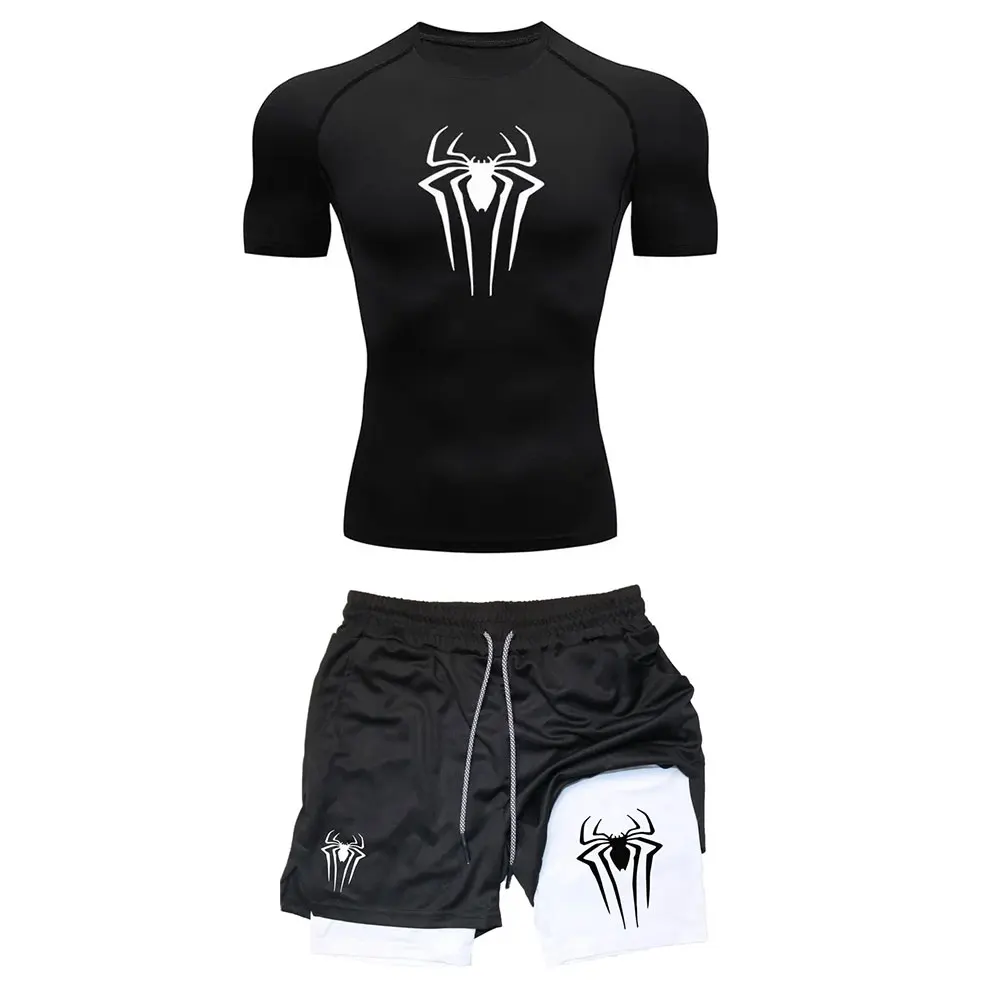 Men's Workout Compression Set Y2K Spider Printed Gym Tshirts Breathable Running Shorts Quick Dry Sports Rash Guard Sportwear Set sports shorts sports suit