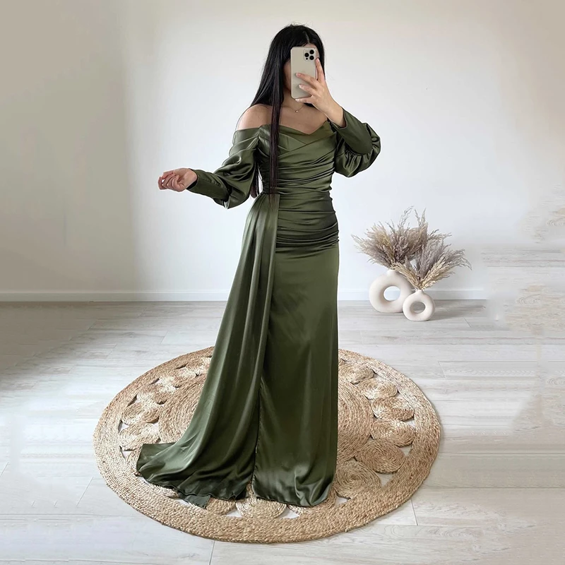 

Thinyfull 2023 Mermaid Prom Dresses Puff Sleeve Off The Shoulder Evening Dress Formal Satin Cocktail Party Prom Gown Custom Size