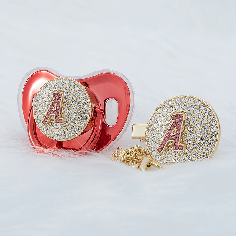 

MIYOCAR Gold Metallic red 3D Initials letter A bling pacifier and pacifier clip BPA free dummy bling unique gift to baby