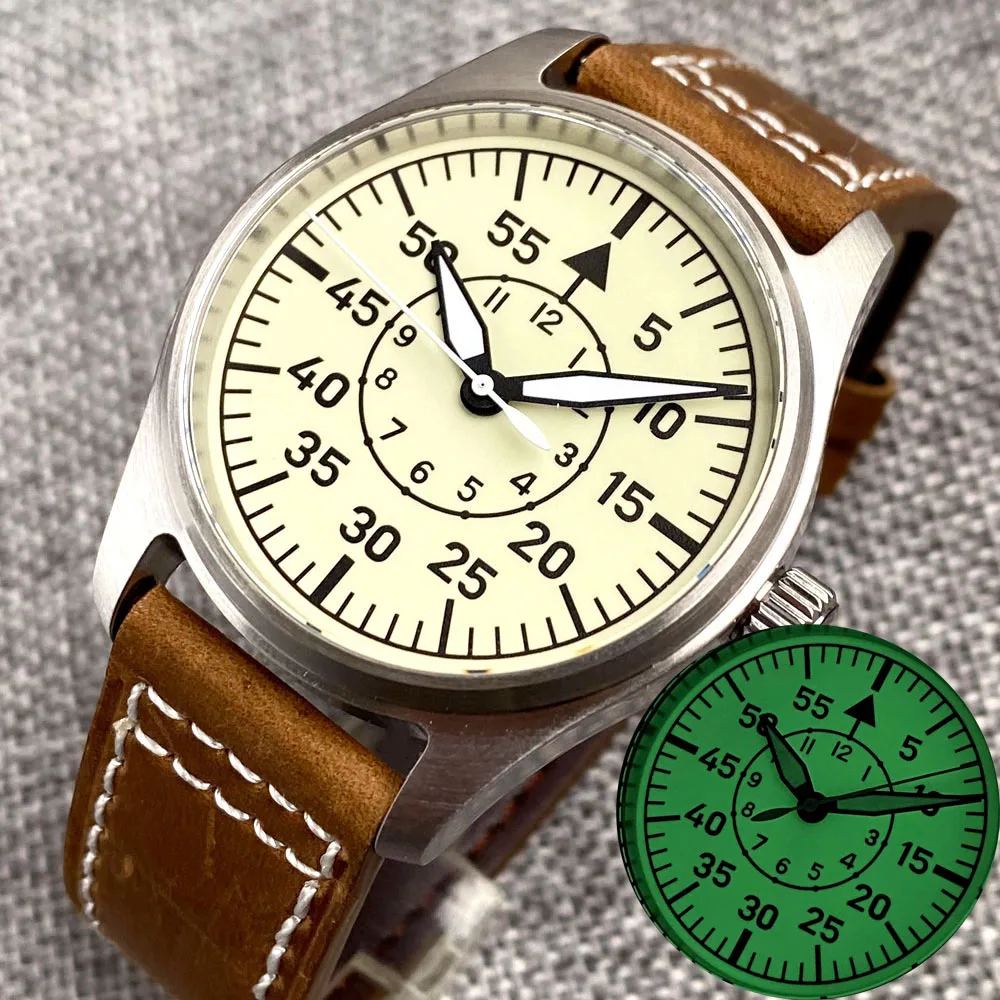 20Bar Diver Vintage Pilot Aviator Orologio Meccanico Da Uomo S Nh35 Movt Cream White Dial Green Super Lume Retro Gift Clock Muslimah