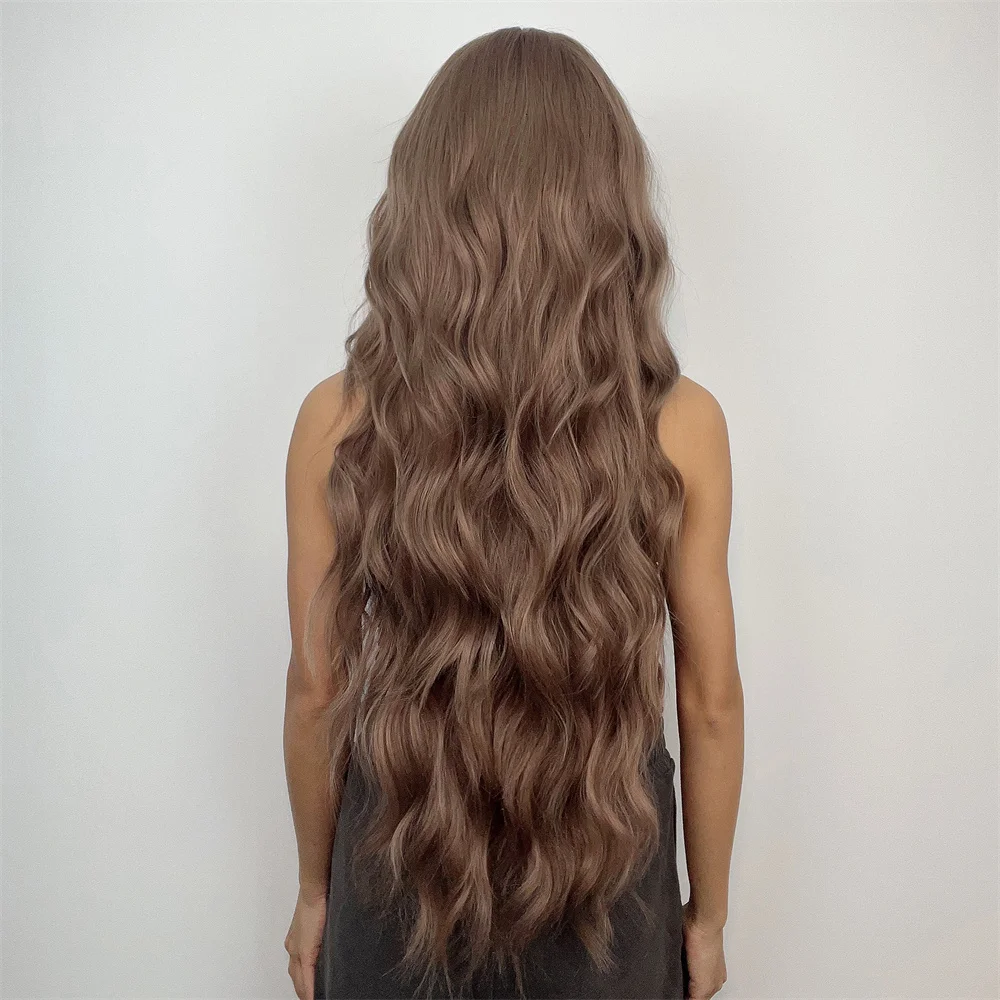 Super Lange Krullende Golvende Bruine Synthetische Pruiken Met Pony Cosplay Party Halloween Natuurlijke Afro Haar Voor Witte Vrouwen Hittebestendig