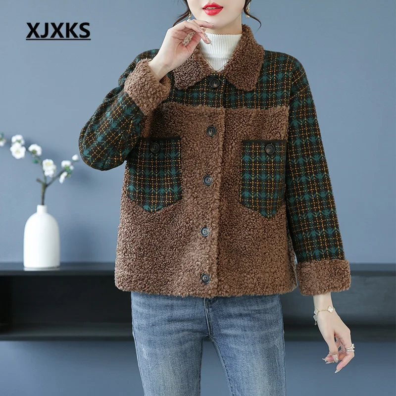 

XJXKS High-quality Lambswool Patchwork Women's Winter Trench Coats 2022 Loose Oversize Warm Female Jacket