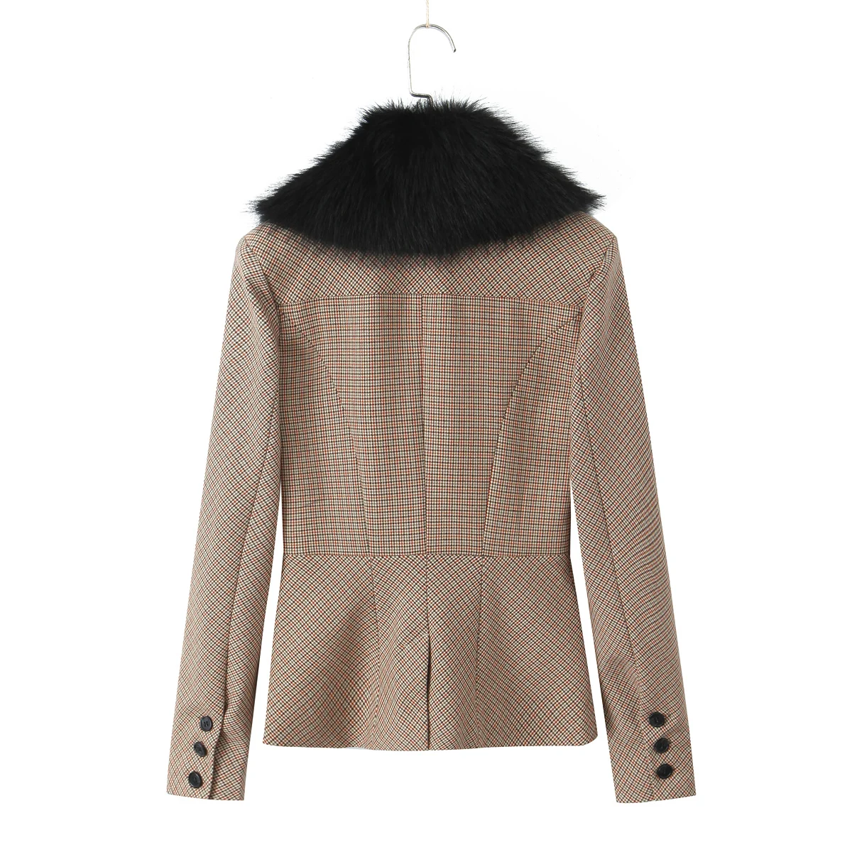 2 pieces 1 set Women Slim Boning Waist Removable Faux Fur Collar Houndstooth Plaid Blazer + High Waist A line Mini Skirt Suits