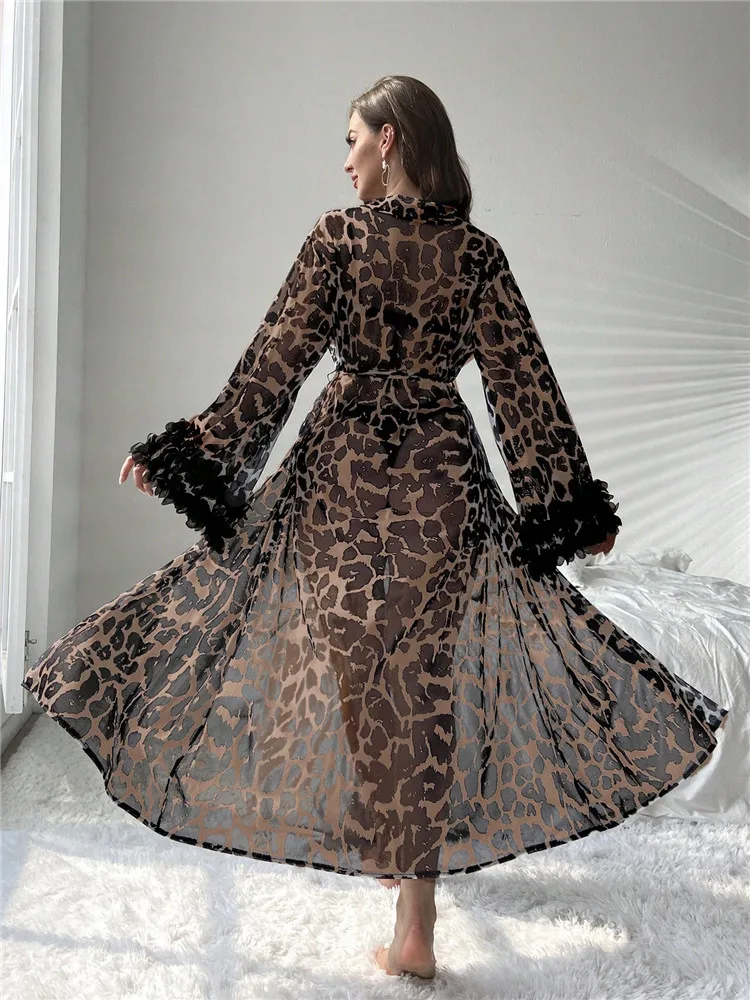 

Sexy Bathrobe Scollop Leopard Print Nightdress Mesh Nightwear Cozy Bridesmaid Wedding Party Belted Robe Sheer Nightgown