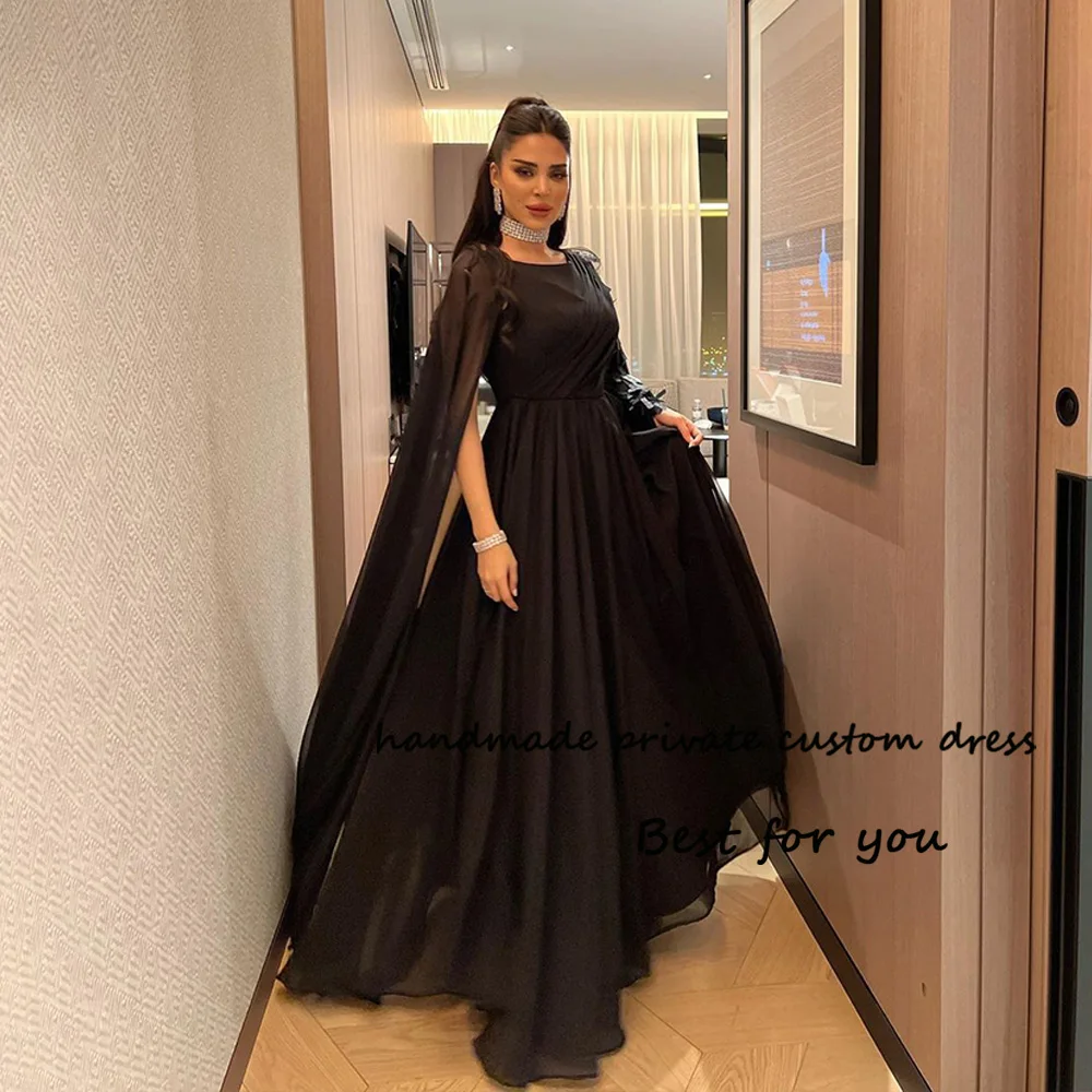 

Black Chiffon Arabian Dubai Prom Dresses Long Sleeve O Neck Evening Party Dress with Feather Floor Length Evening Formal Gowns