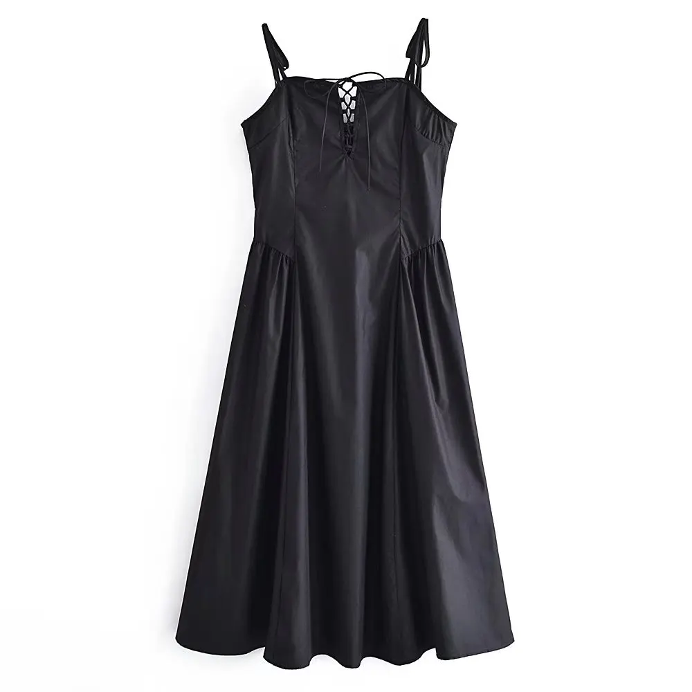 Women Fashion Solid Backless Back Zipper Midi Dress Vintage Thin Straps Halter Neck Female Dresses | Женская одежда
