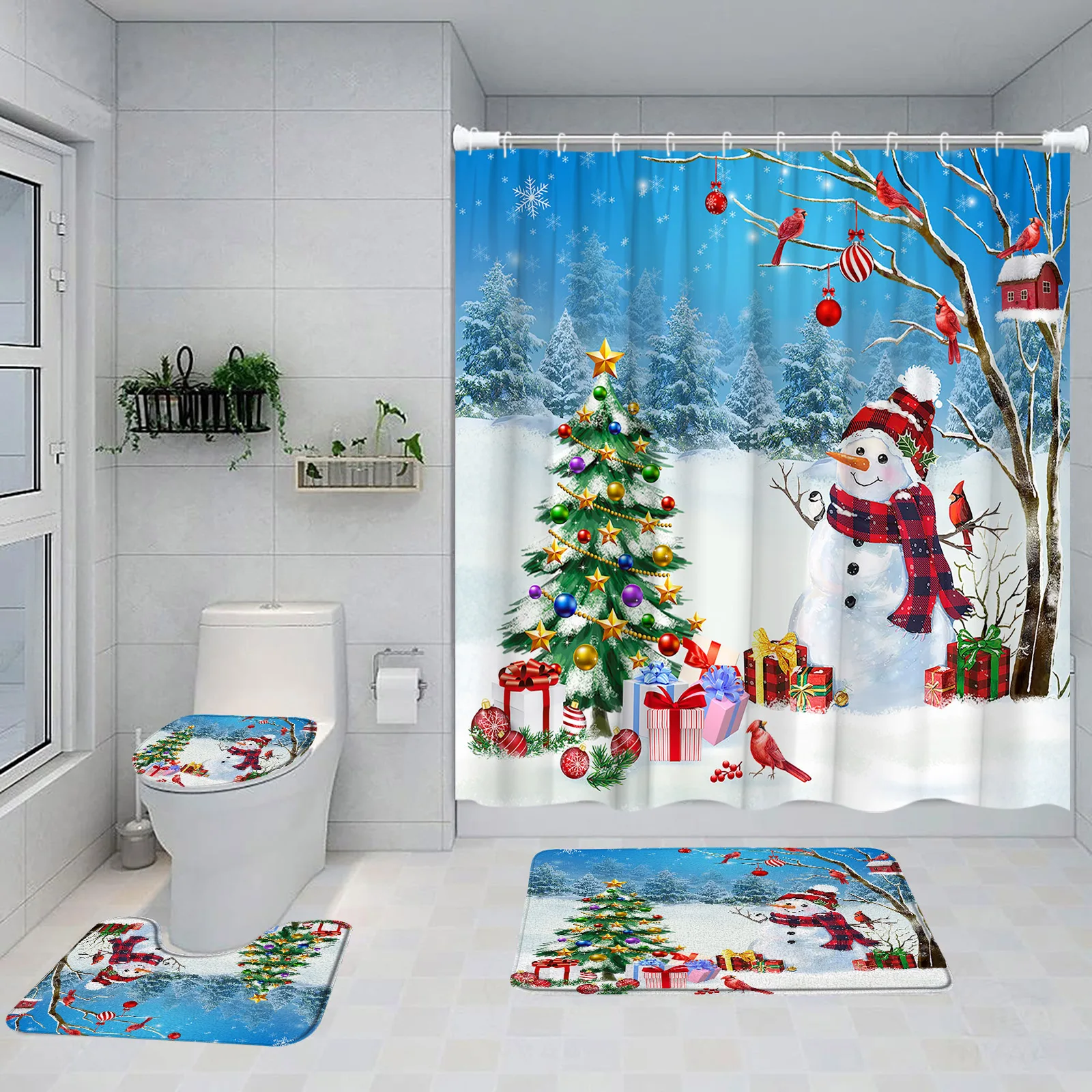 Christmas Shower Curtain Set Funny Santa Claus Snowman Red Truck Xmas Tree New Year Bathroom Decor Rug Bath Mat Toilet Lid Cover