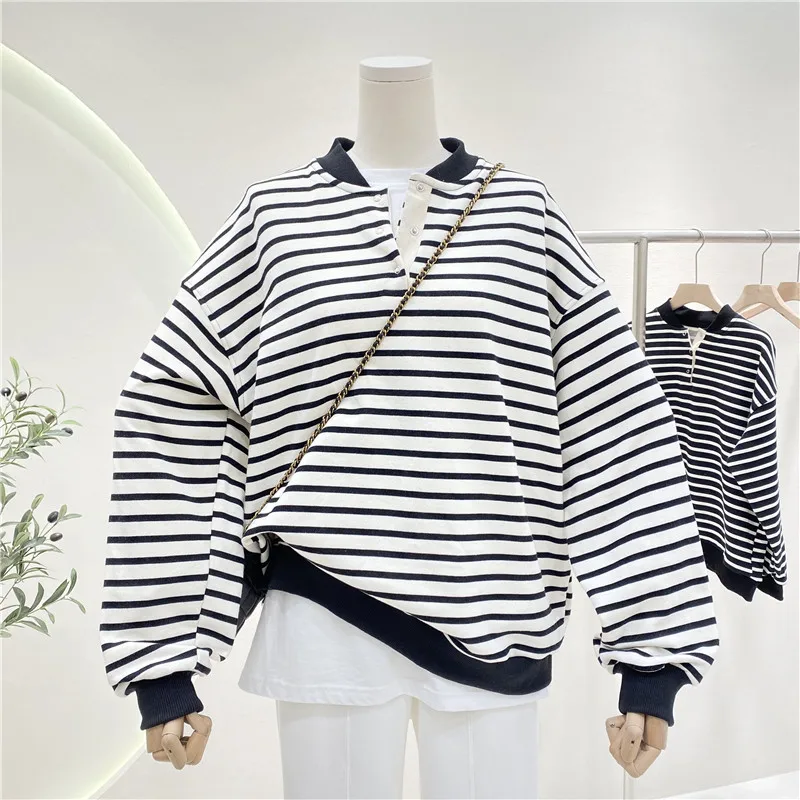 

OUSLEE-Women's Striped Design Sensory Collars Sweater, Spring and Autumn Thin Clothing, New Korean Fashion, Ins Tide, 2022