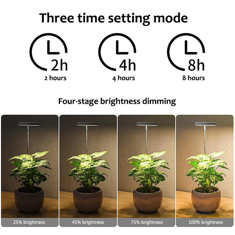 LED 실내 엔젤 링 식물 성장 조명, 온 오프 타이머, USB 5V 개폐식 높이, 풀 스펙트럼 시뮬레이션 햇빛 식물, 2 H, 4 H, 8H