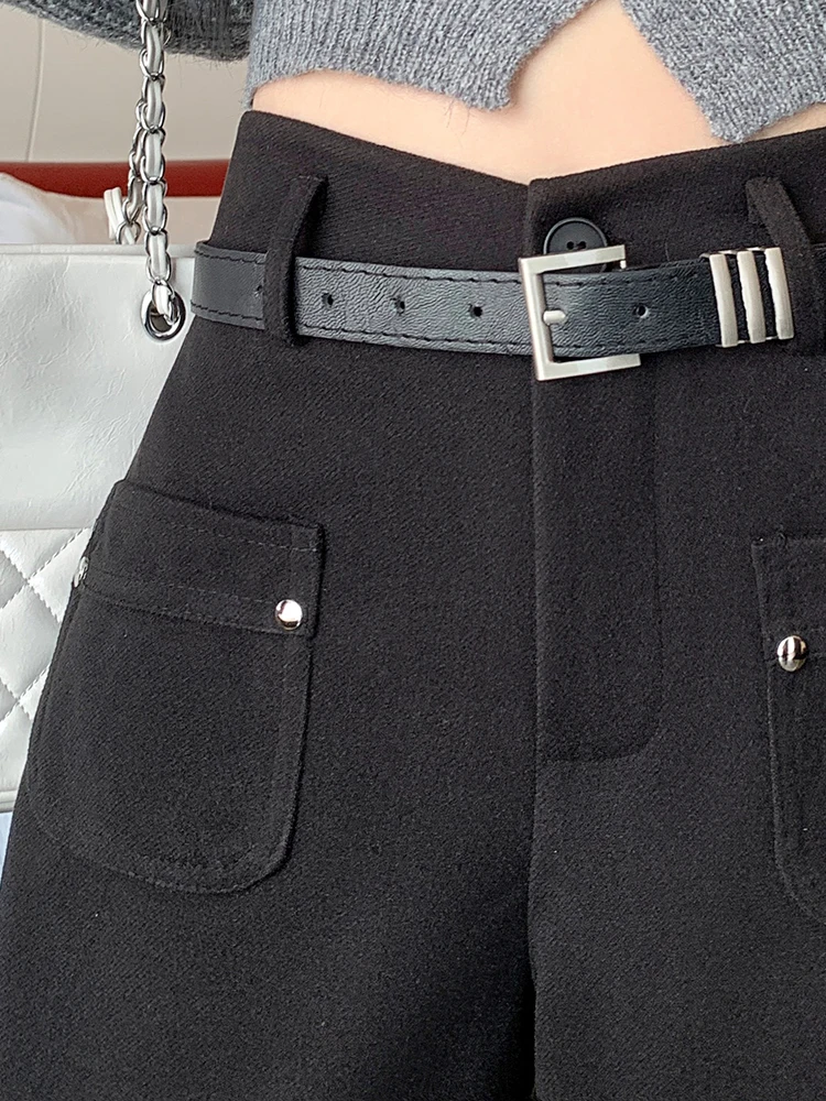 QOERLIN Stylish Woolen Boost Shorts Women Winter Autumn High Waist A-Line Wide Leg Loose Casual Black Shorts Pocket Fashion 2024