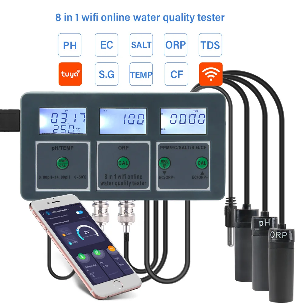 

Tuya WiFi 8 in 1 Water Quality Tester Multifunction Temp TDS Salinity S.G C-F EC ORP PH Meter for Aquariums Pools Hydroponics