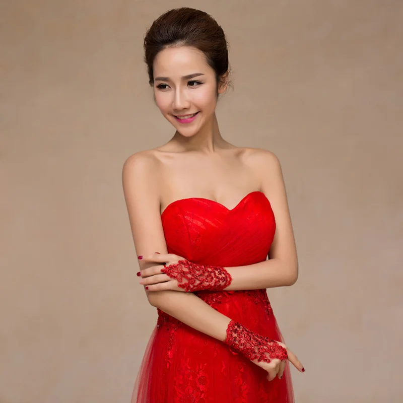Red Short Gloves Wedding Fingerless Mittens Bridal Lace Sequins Sexy Gloves Party Accessories lace gloves wedding dress gloves