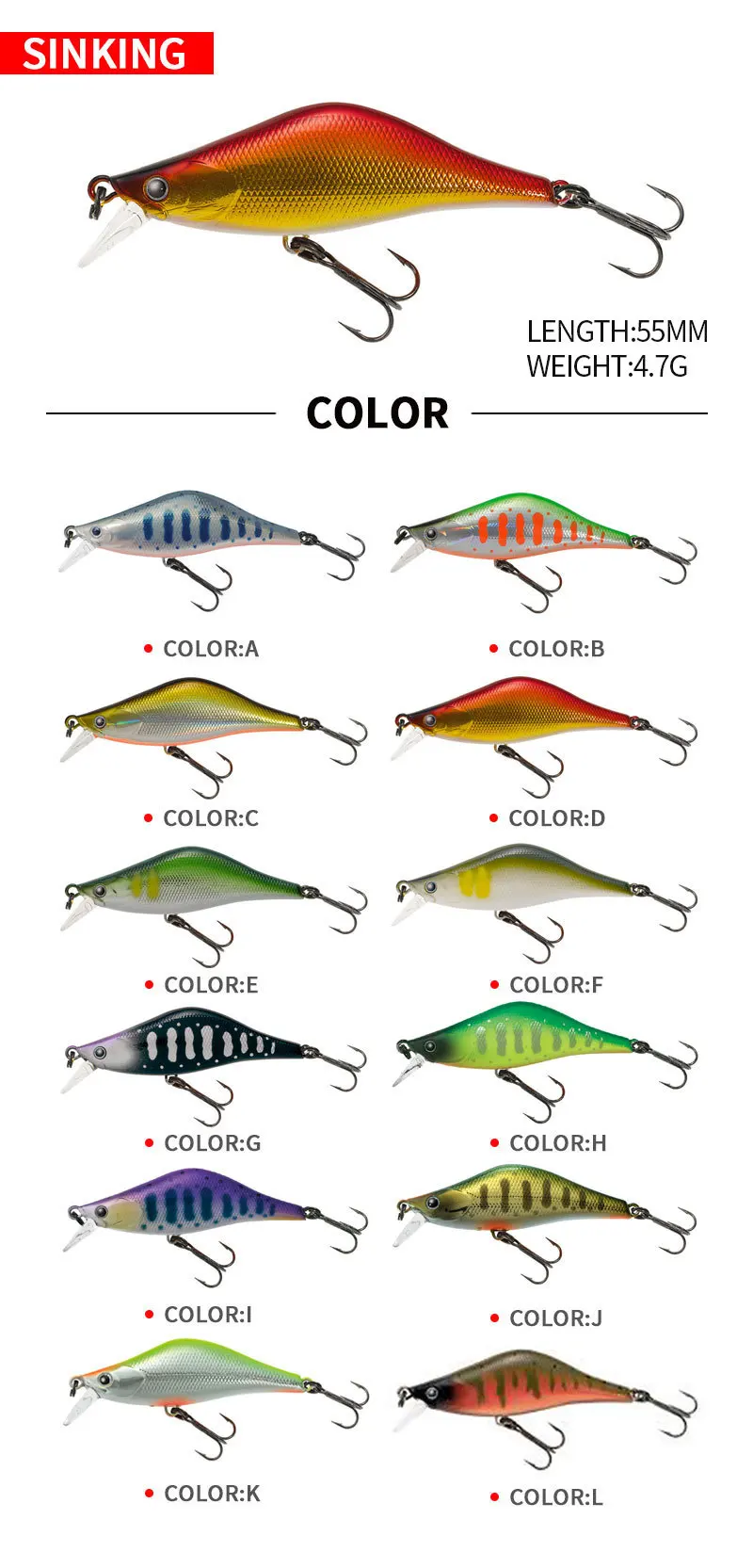 Description Picture 2 of item55Mm 4.7g Fishing Lure Hardcore LG Heavy Minnow Wobbler Sinking Jerkbait Swimbait Artificial Hard Bait Trout Bait Bass Bait