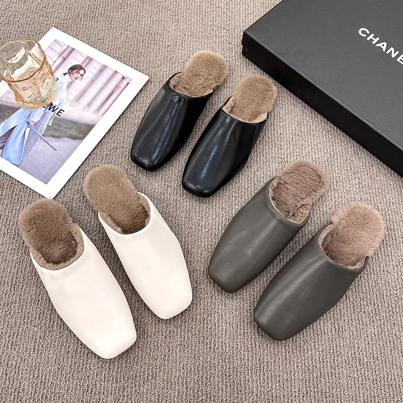 

Женские корейские элегантные кожаные плюшевые тапочки, зимние ретро теплые темпераментные уличные тапочки на плоской подошве, пригородные классические туфли для взрослых