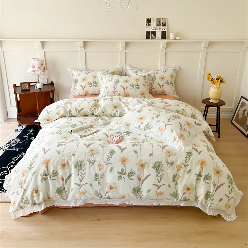 

100% Cotton Flowers Printing Lace Ruffle Bedding Set Simple Fresh Single Queen Duvet Cover Set Flat/Fitted Bed Sheet Pillowcases