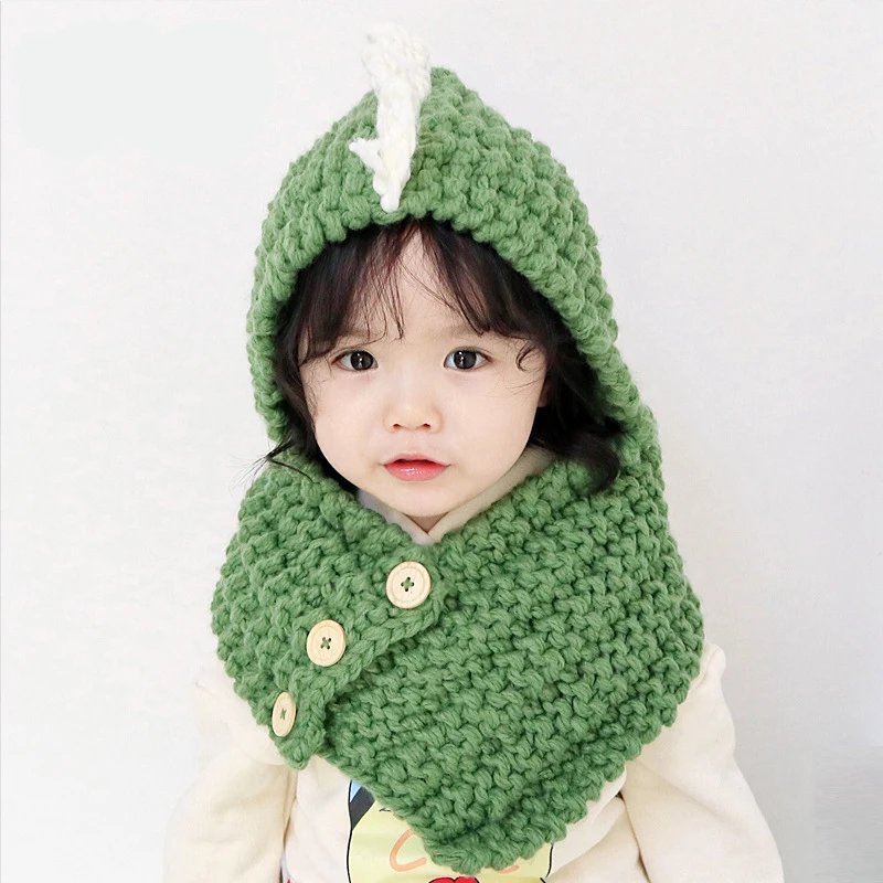Kid Handmade Dinosaur Hat Children Eleka Knitted Cap Boy Girl Neckchief Tubular Scarf 3 Buttons Loop Shawl and Beanie_voghion.com