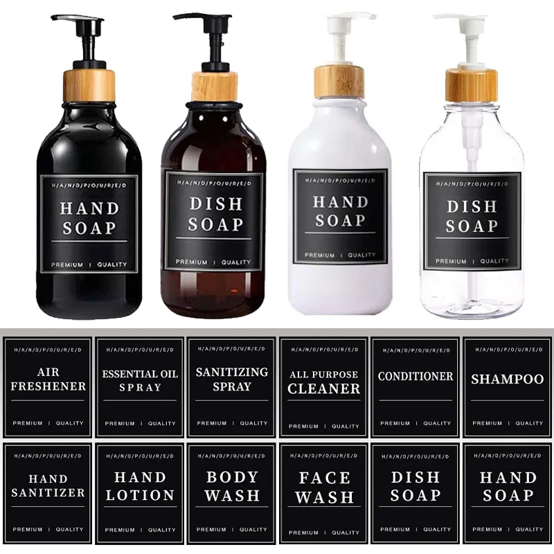500ml Bathroom Soap Dispenser Shampoo Shower Gel Bottle Press Type Bamboo Pump Refillable Empty Glossy Bottle with 12 Labels