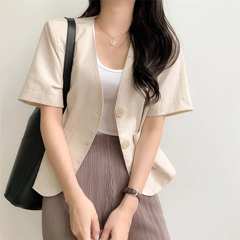 

Женский простой однобортный костюм с коротким рукавом, повседневные блейзеры из хлопка и льна с V-образным вырезом, весна-лето 2024