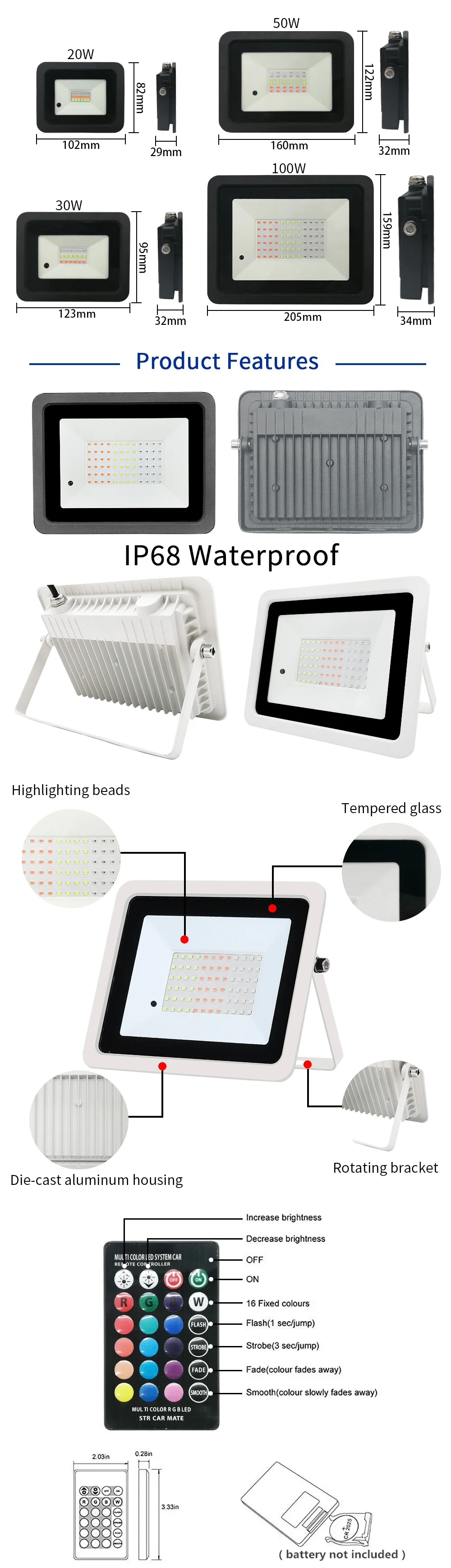 RGB Flood Light 100W 50W 30W 20W RGB Reflector IP68 Waterproof Sadee4c069ef34be8a2a58094c07d0377f