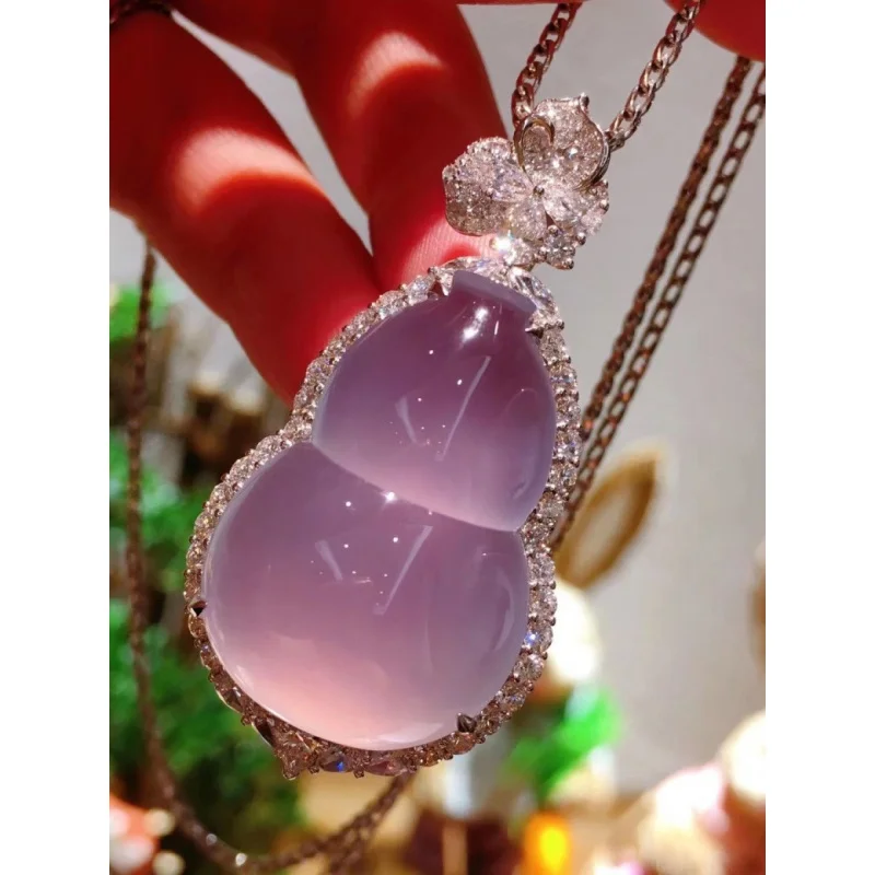 

Natural Myanmar Ice-like Gourd Jadeite Jade Pendant Pink Violet Buddha Hanging Piece Pendant 18K Gold Inlaid Authentic